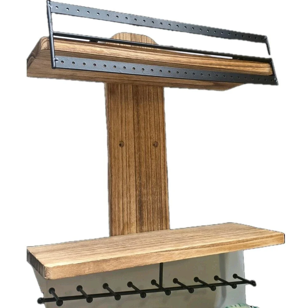 Rustic Wood Wall Mounted Jewelry Organizer - Earring Rack & 12 Necklace Hooks